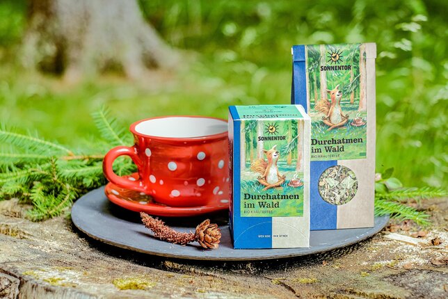 Durchatmen im Wald - SONNENTOR | © SONNENTOR Zu sehen sind der Durchatmen im Wald Tee Doppelkammer und der Durchatmen im Wald Tee lose! | © SONNENTOR