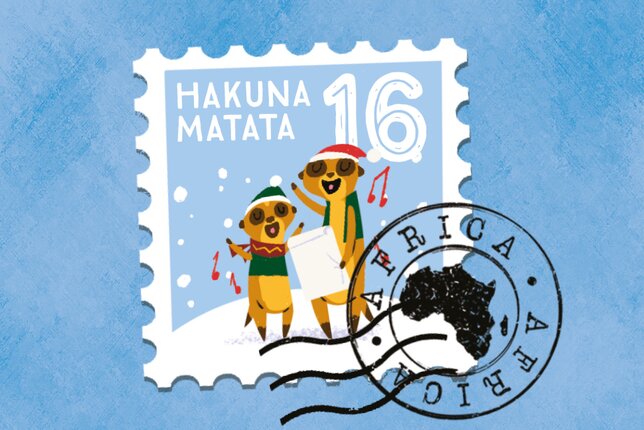 SONNENTOR Gewürzadventkalender - Türchen 16: Die Illustration zeigt zwei Erdmännchen die singen und die Worte "Hakuna Matata" | © SONNENTOR