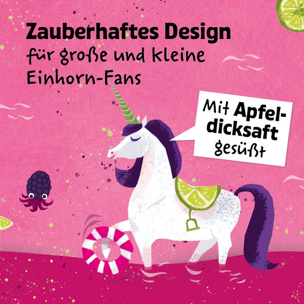 Illustration eines Einhorns und dem Text: "Zauberhaftes Design für große und kleine Einhorn Fans, sowie dass mit Apfeldicksaft gesüßt" auf  beerefarbenem Hintergrund.