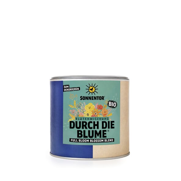 Durch die Blume® Blütenmischung bio 25 g, Gastrodose klein Flowers in yellow, pink and orange can be seen drawn on the turquoise label on the small gastro can.