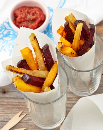 Auf dem Foto sind zwei Papiertüten mit Gemüse Pommes zu sehen. Im Hintergrund sieht man ein Schälchen mit Tomatendip. | © SONNENTOR