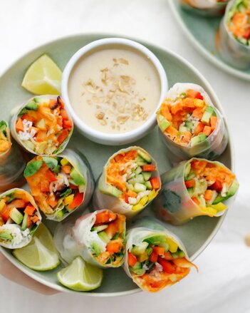 Auf dem Foto sieht man mehrere bunte Veggie-Sommerrollen. Daneben steht ein Schüsselchen mit Erdnuss-Kokos Dip. | © SONNENTOR