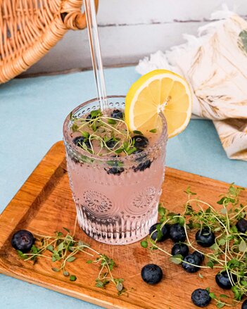 Ein schönes Glas steht auf einem Brett, gefüllt mit dem SONNENTOR Tschin Tschin Sirup, Heidelbeeren und frischem Thymian, garniert mit einer Zitronenscheibe.  | © SONNENTOR