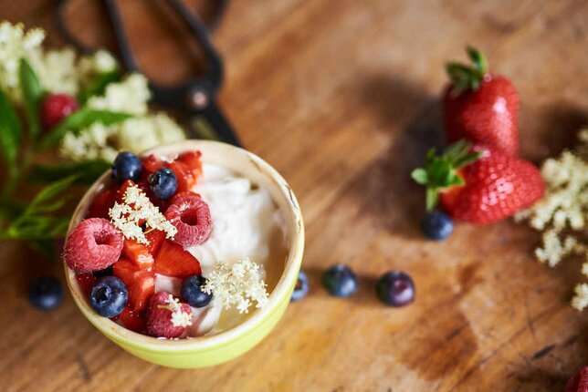 Auf dem Foto sieht man eine Schale mit Joghurt garniert mit bunten Beeren und Holunderblüten. | © SONNENTOR