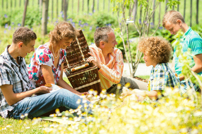 Auf dem Foto sieht man eine Familie beim Picknicken auf einer Wiese. | © SONNENTOR