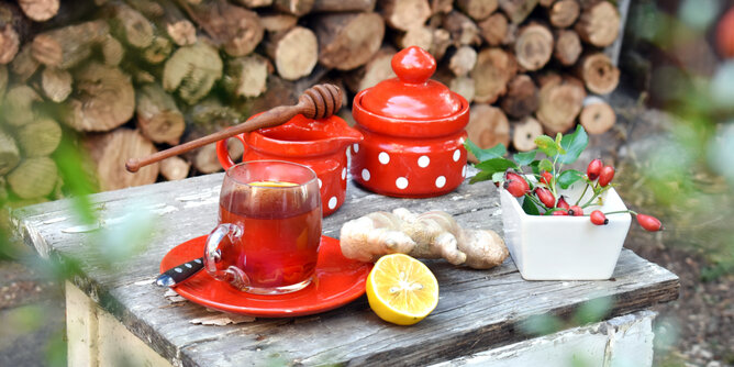 Auf dem Foto sieht man auf einem Holztisch in der Natur eine Tasse Tee und Teekannen. Daneben sieht man auch Hagebutten, Ingwer und Zitrone. | © SONNENTOR